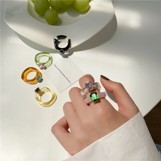 Colorful Geometric Crystal Resin Ring For Women